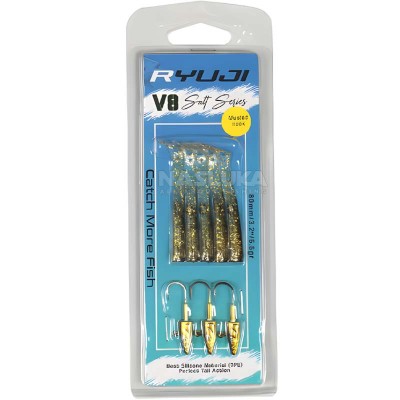 V8 Salt Series 80мм/5.5г, Black Gold Комплект от 5 силиконови примамки и 3 джиг глави Ryuji V8 Salt Series 80мм/5.5г, Black Gold