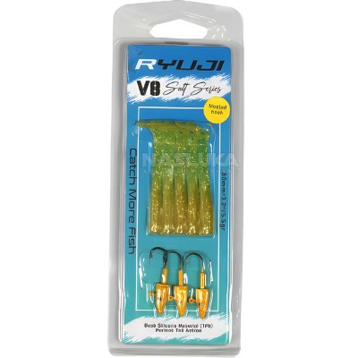 V8 Salt Series 80мм/5.5г, Chartreuse Glow Комплект от 5 силиконови примамки и 3 джиг глави Ryuji V8 Salt Series 80мм/5.5г, Chartreuse Glow