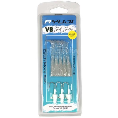 V8 Salt Series 80мм/5.5г, White Glitter Glow Комплект от 5 силиконови примамки и 3 джиг глави Ryuji V8 Salt Series 80мм/5.5г, White Glitter Glow